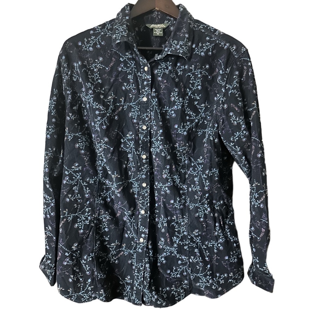 Eddie Bauer Women’s Size XXL Black Floral Pin Whale Corduroy Button Up Blouse